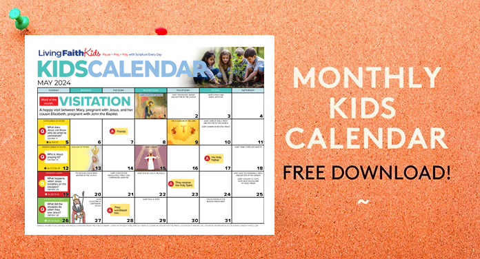 Living Faith Kids February Calendar for kids on a salmon background with illustrations and fun activities.